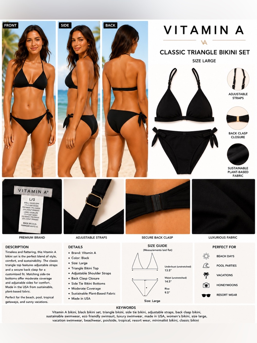 Vitamin A Black Triangle Bikini Set Women's Size Large Sustainable Swimwear